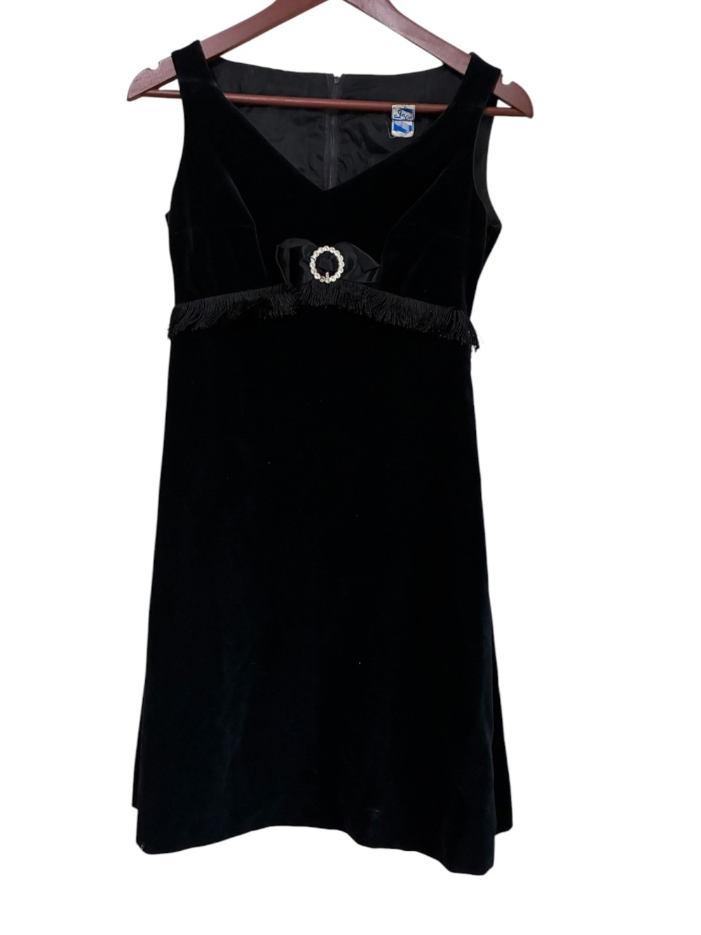 Vintage Joli Black Velvet Fringe Empire Waist Dress with Rhinestone Bow